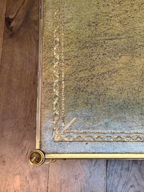 550.0 Lacquered Brass And Tooled Leather Occasional Side Table Or Etagere In The Manner Of Mallett Of London photo