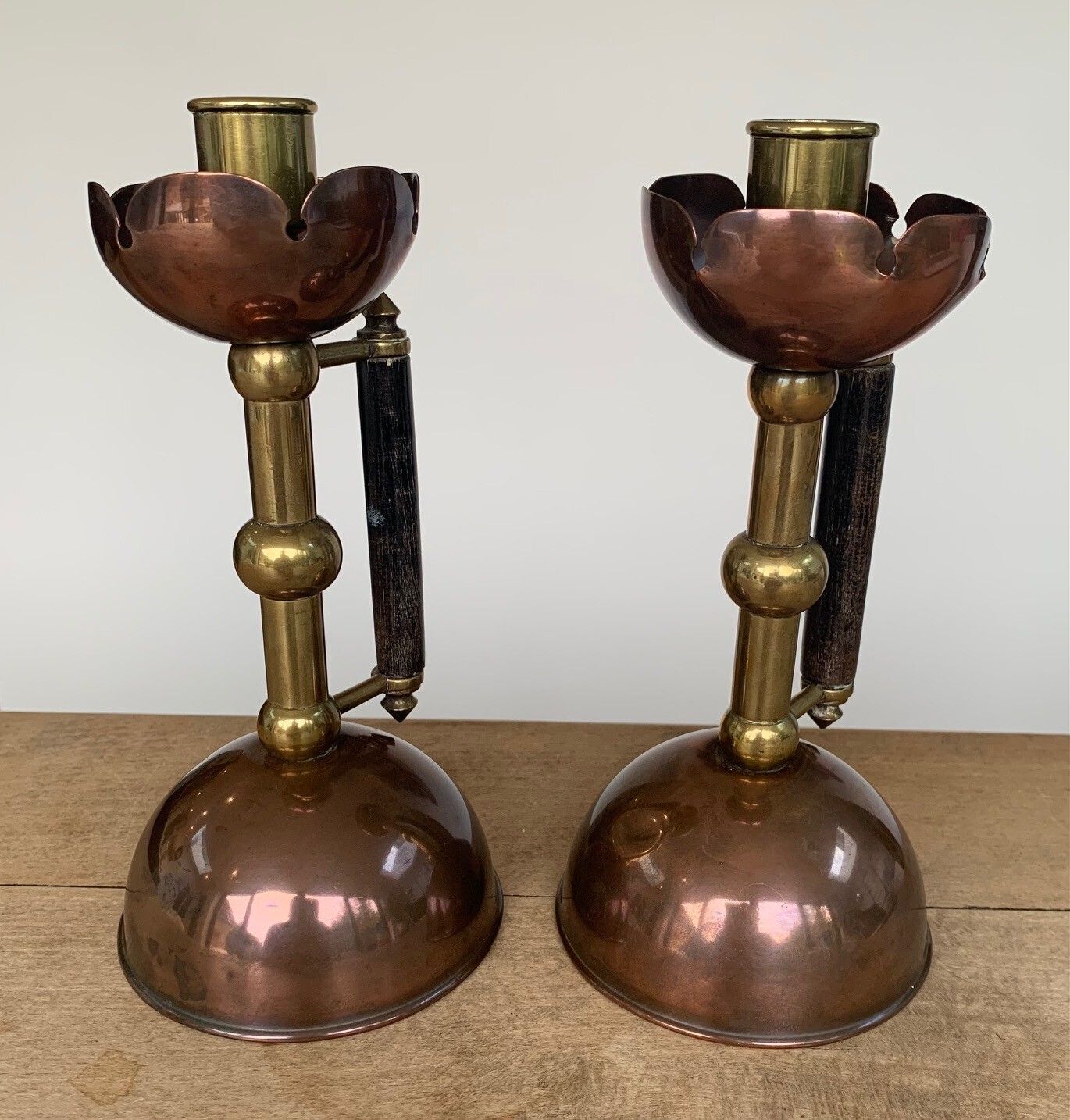 Late 19thc Pair Of Brass And Copper Arts & Crafts / Aesthetic Movement Candlesticks, Designed By DR Christopher Dresser photo 275.0