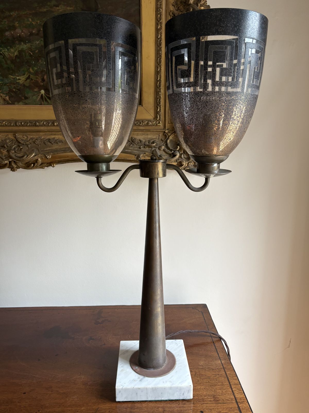 Neoclassical Style Brass Table Lamp W/ Two Urn Shaped Glass And Greek Key Stencilled Shades