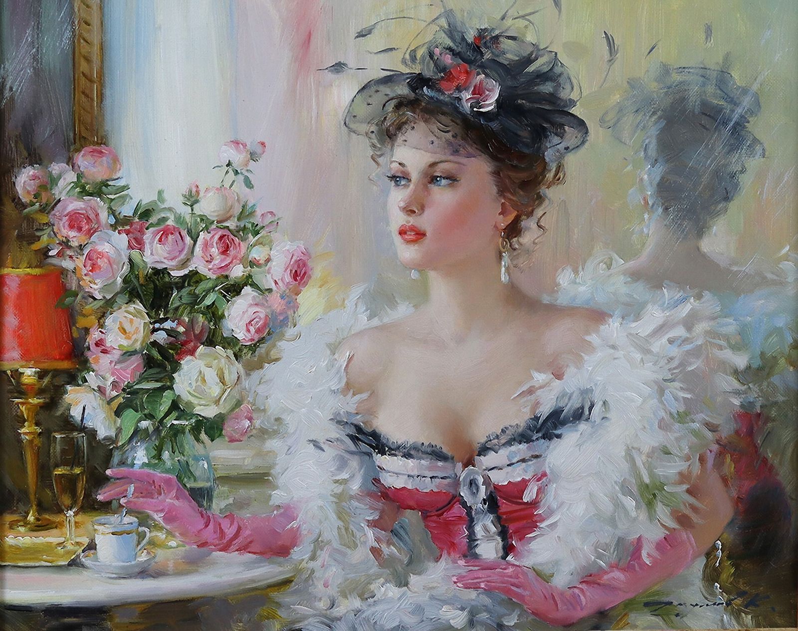 Konstantin Razumov Oil On Canvas Lady In A Cafe With Feather Boa photo furniture