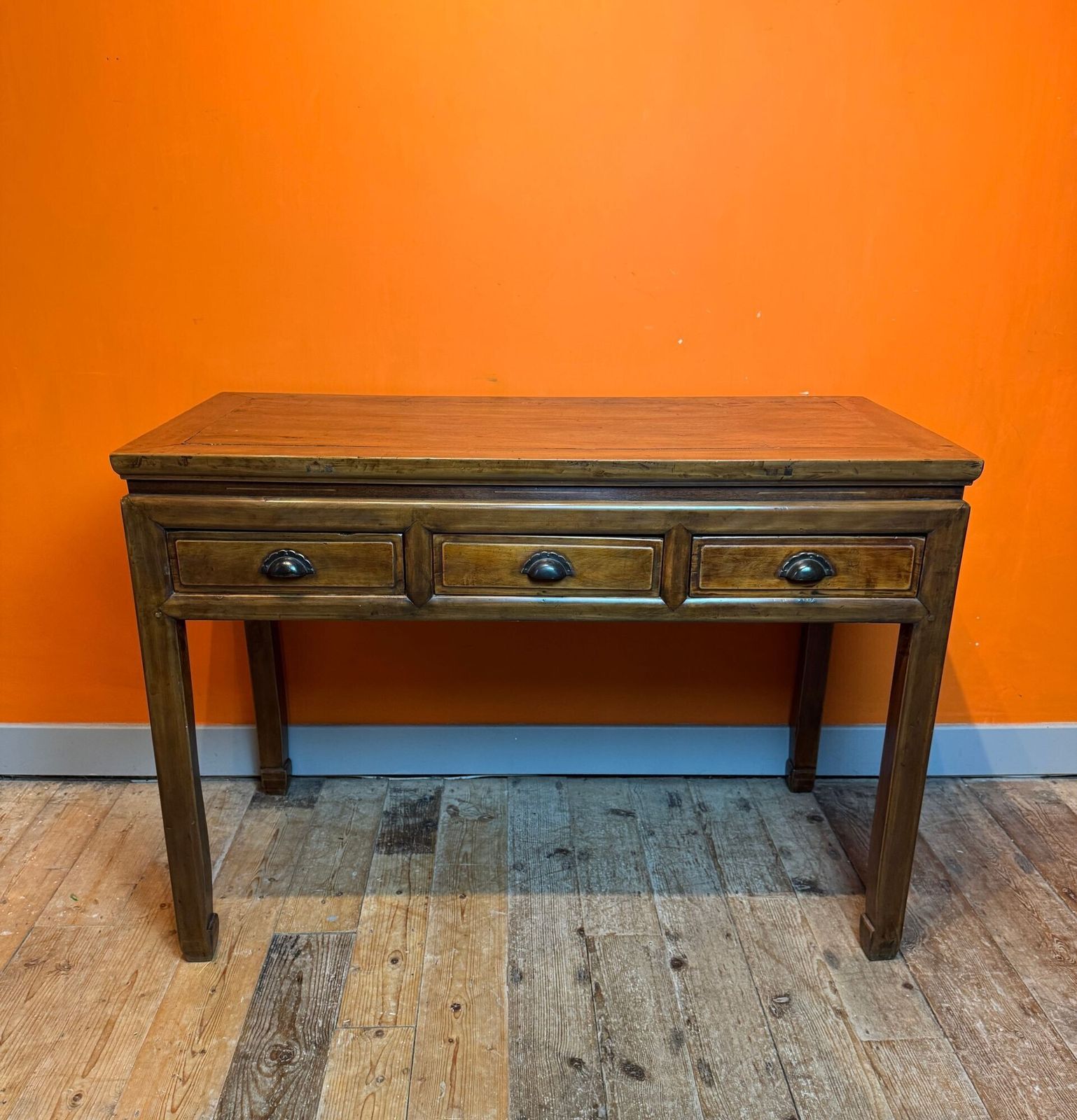 Antique Chinese Elm Three Drawer Table