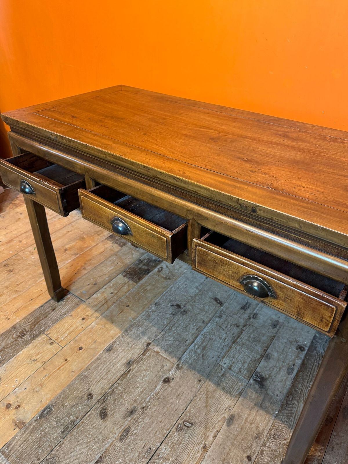 Antique Chinese Elm Three Drawer Table photo vinterior