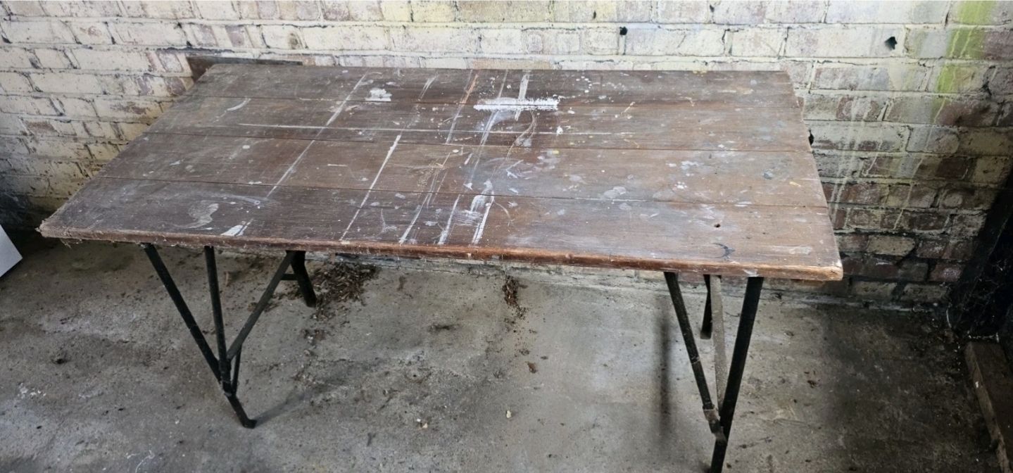 Early 20th Century Pine And Iron Trestle Work Table England, Circa 1900 photo vinterior