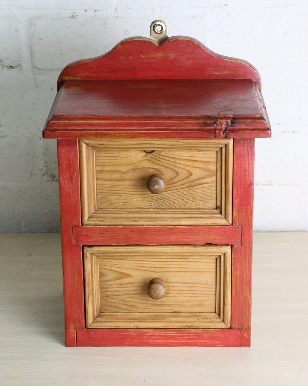 Vintage French Wall Mounted Rustic Pine Drawers Small Size Natural & Burnt Red photo furniture