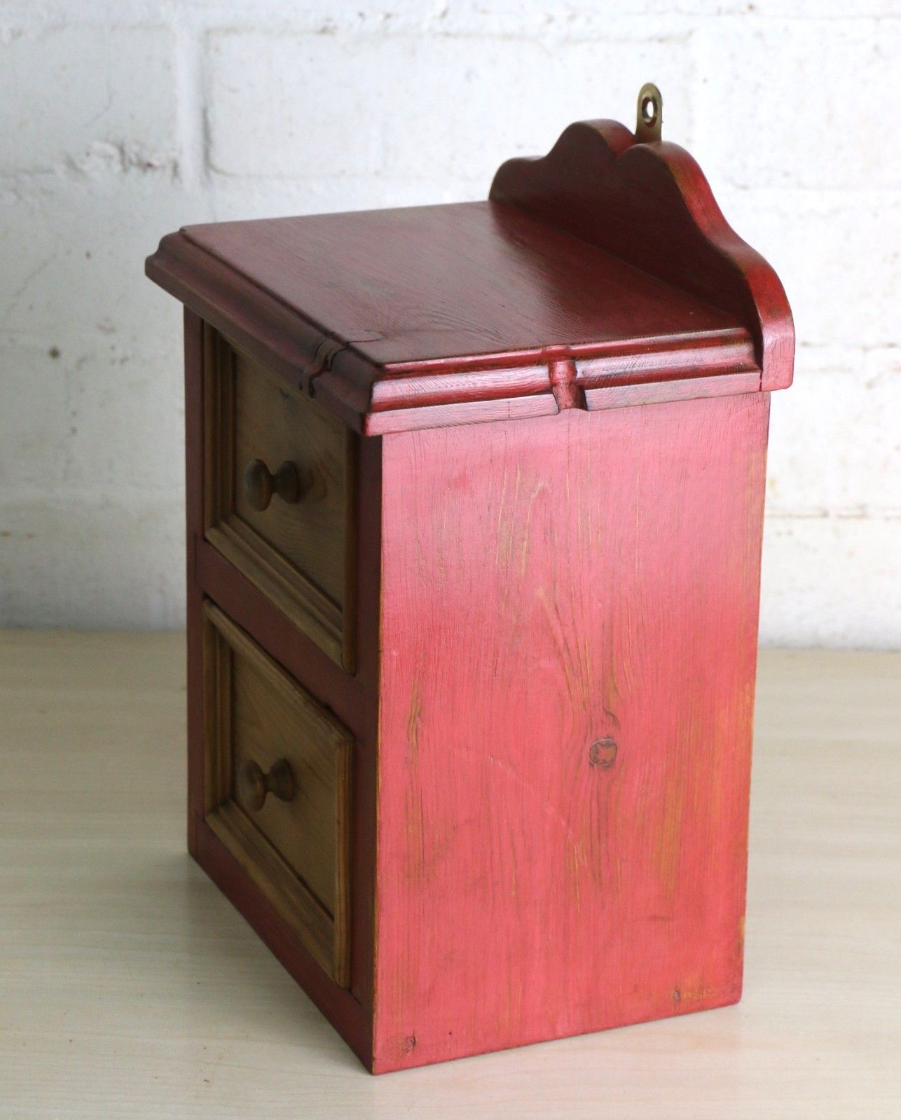 Vintage French Wall Mounted Rustic Pine Drawers Small Size Natural & Burnt Red photo for sale