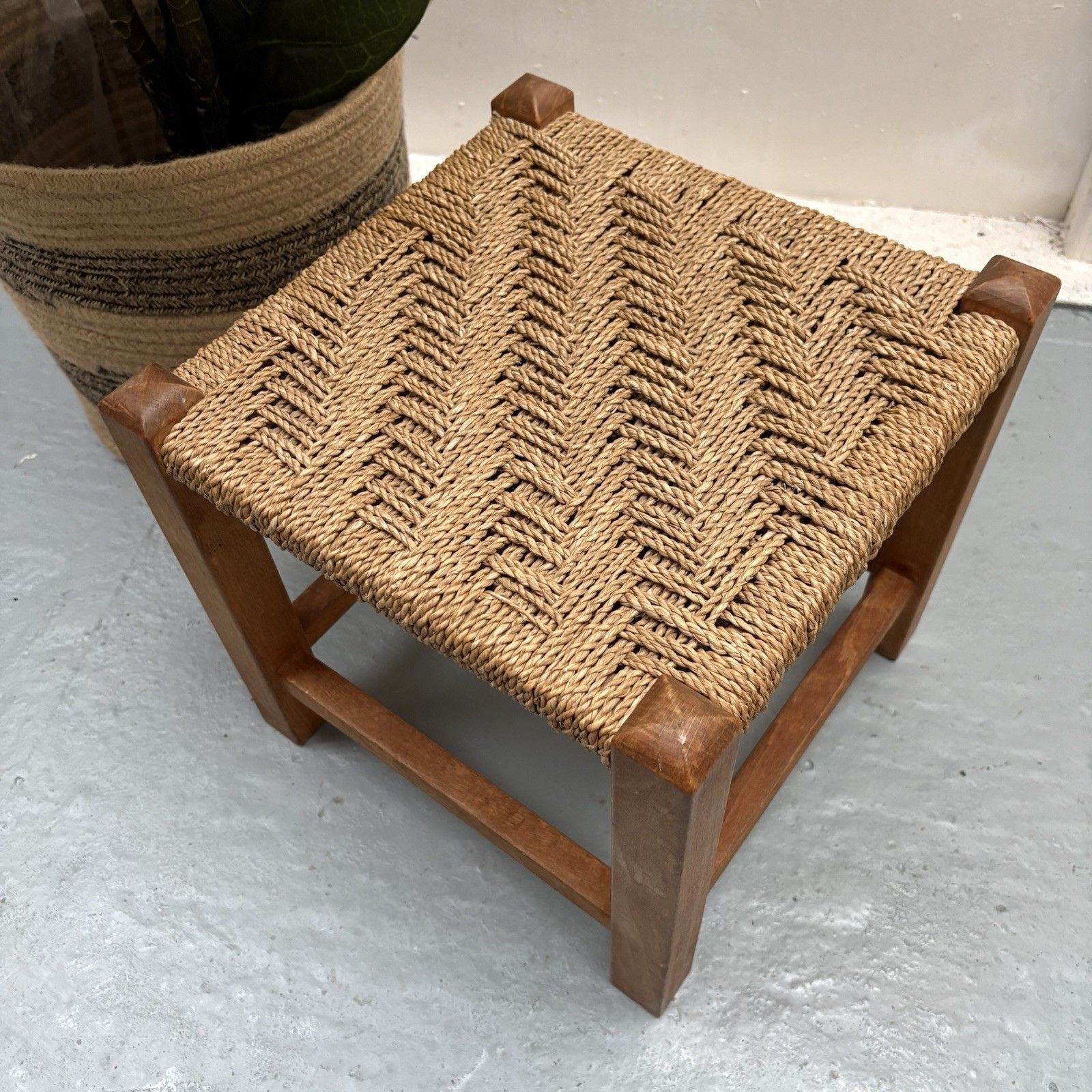 Vintage French Woven Jupe Rope Sea Grass Square Shaped Foot Stool Plinth Table photo furniture