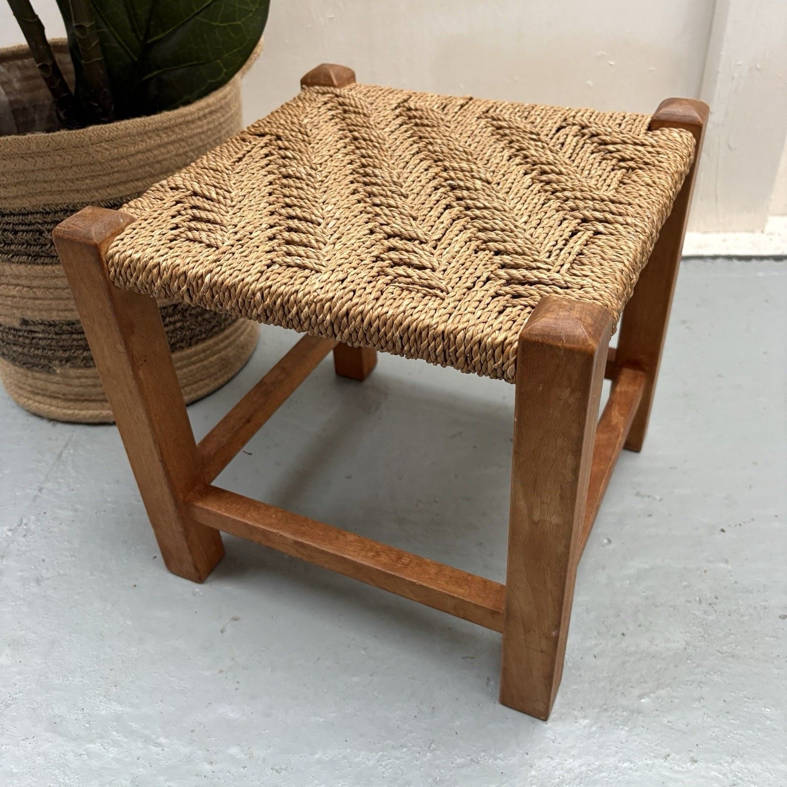 Vintage French Woven Jupe Rope Sea Grass Square Shaped Foot Stool Plinth Table photo Furniture