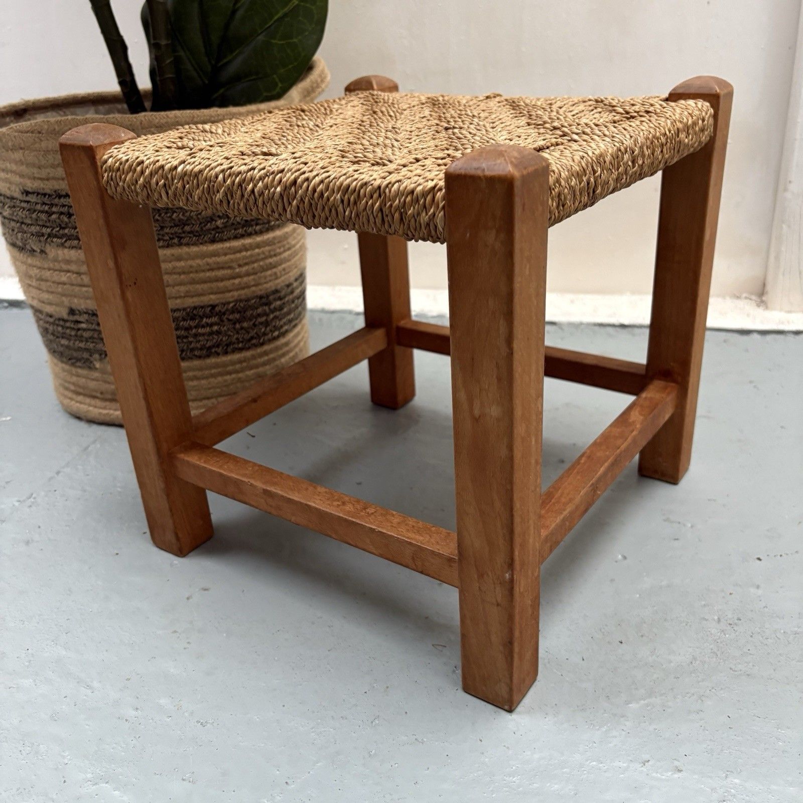 Vintage French Woven Jupe Rope Sea Grass Square Shaped Foot Stool Plinth Table photo vinterior