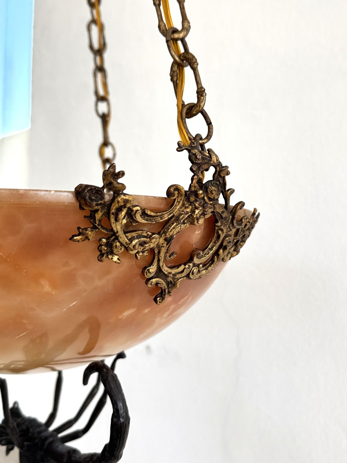 Italian Art Deco Alabaster Chandelier With Wrough Iron Dagonfly And Chain photo 4200.0
