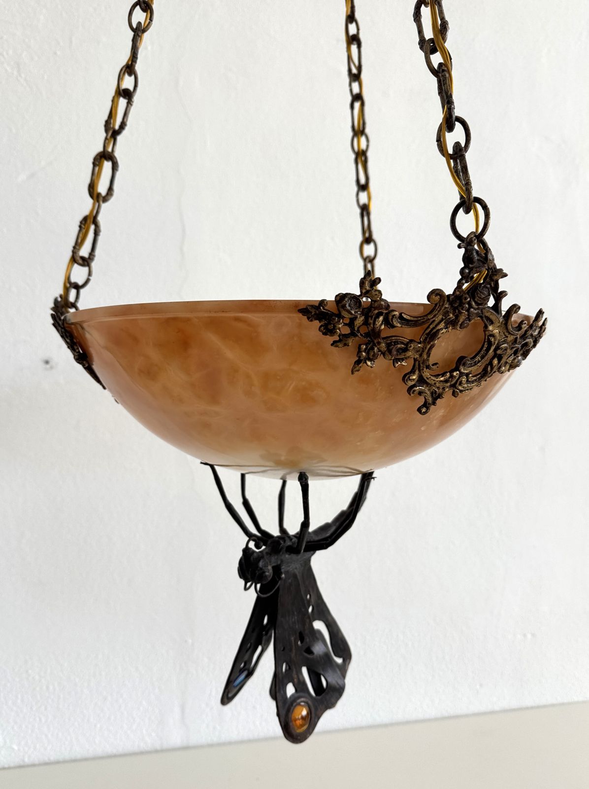 photo buy Italian Art Deco Alabaster Chandelier With Wrough Iron Dagonfly And Chain