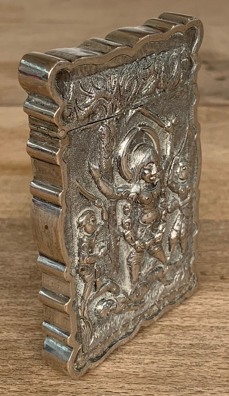 A Fine Quality, Heavy Indian Silver Card Case Decorated In Repoussé With Gods Or Deities photo 275.0