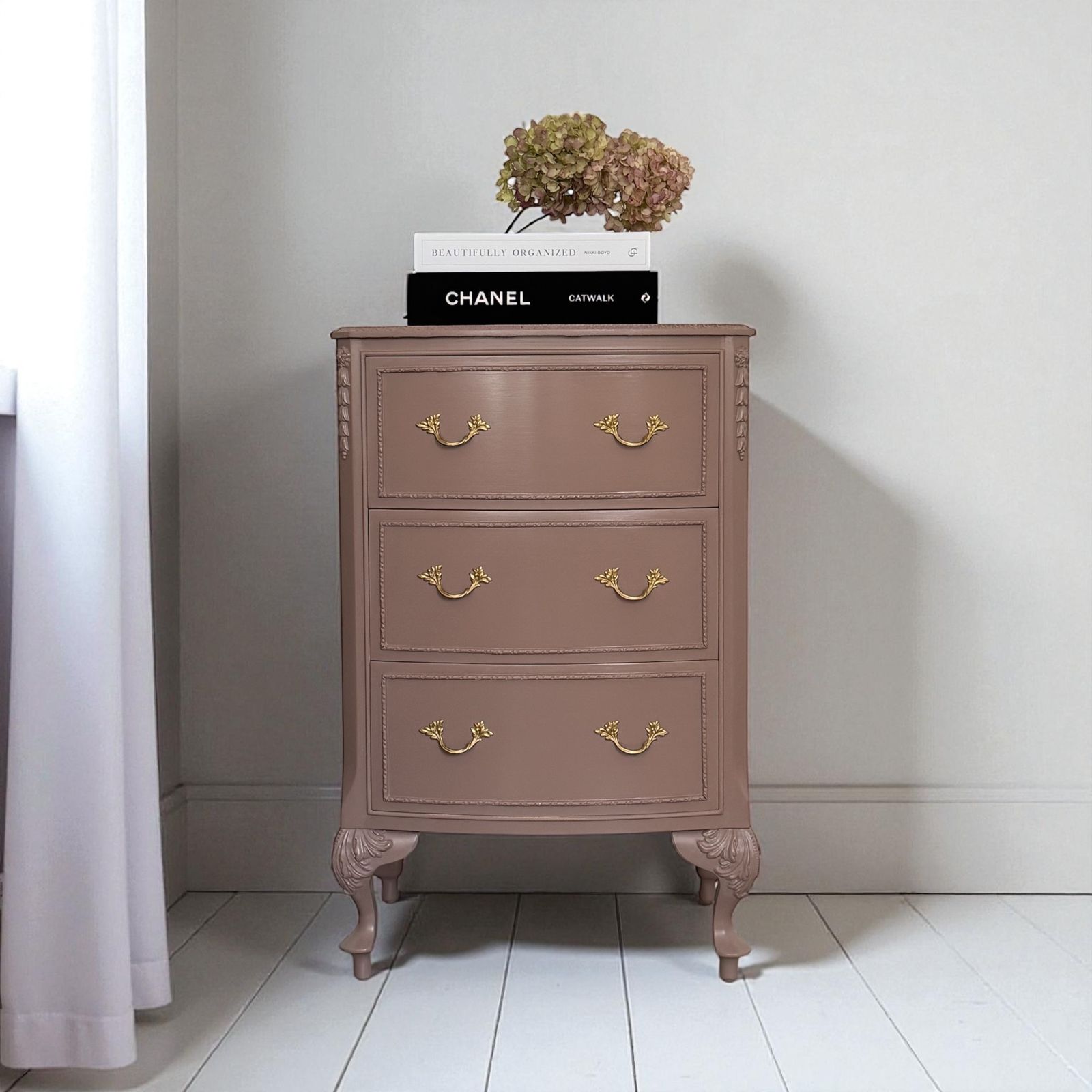 Olympus, French Bedside Cabinets, Bedside Tables, Chest Of Drawers Hand Painted In Damask, Dusty Pink photo vintage