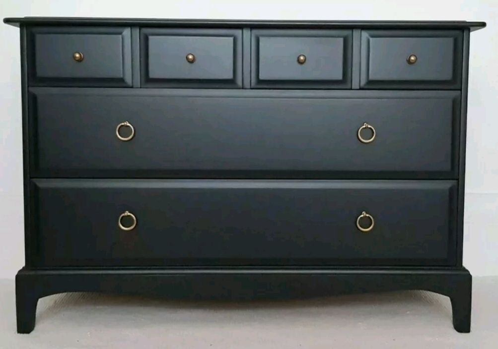 Stag Minstrel Painted Bedroom Set, Black Bedside Tables, Tallboy & Chest Of Drawers. photo Furniture