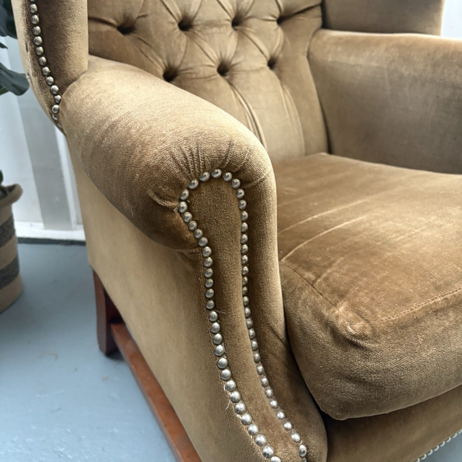 Vintage Chesterfield Button High Wing Back Gold Velour Arm Fireside Chair photo vinterior