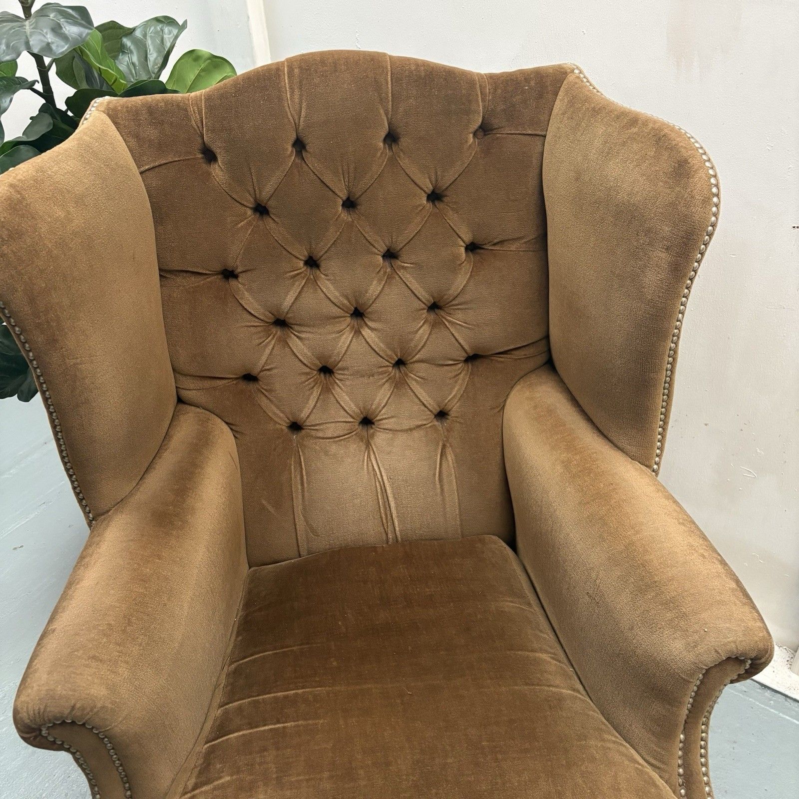 photo for sale Vintage Chesterfield Button High Wing Back Gold Velour Arm Fireside Chair