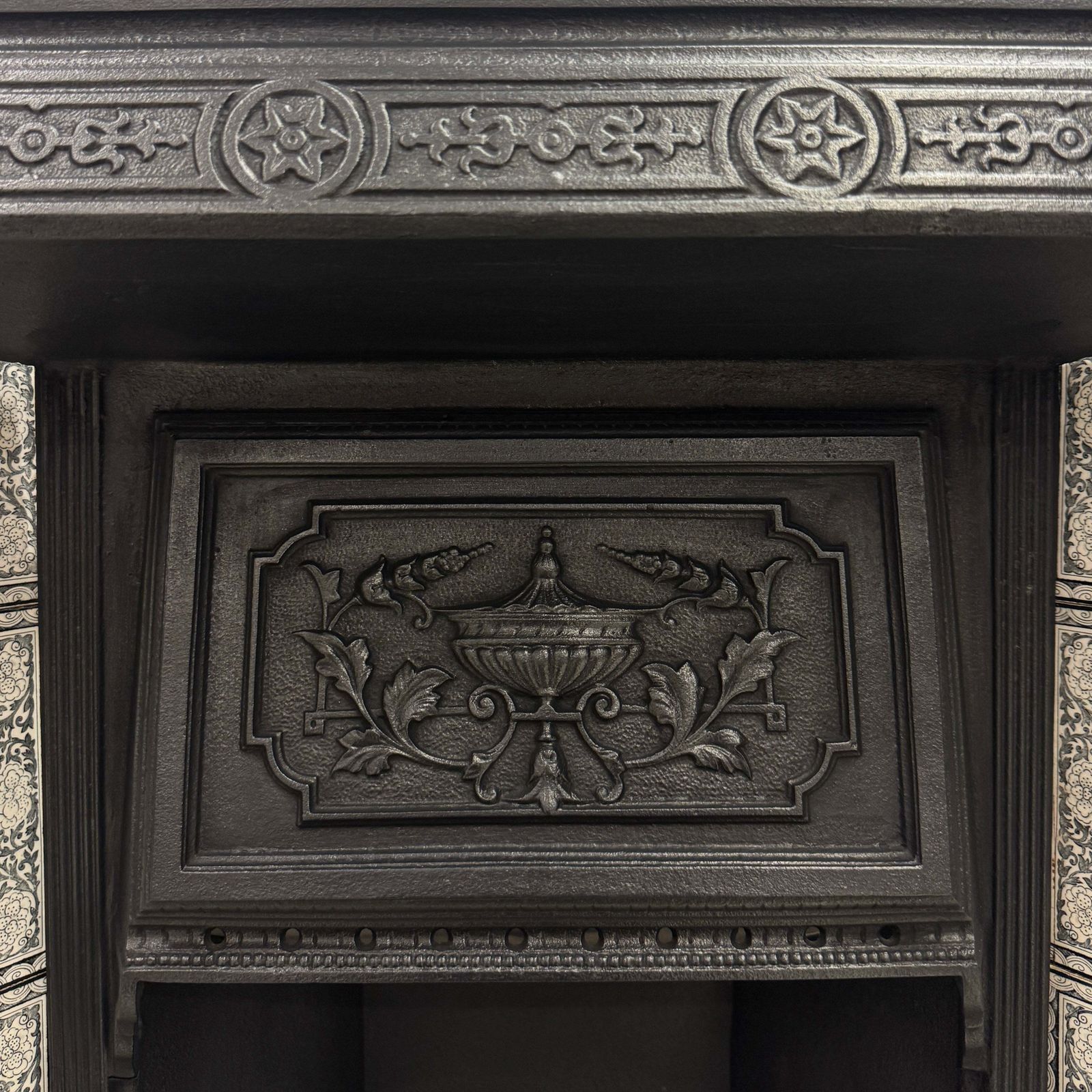 Antique Victorian Cast Iron Floral Tiled Fireplace Insert photo buy