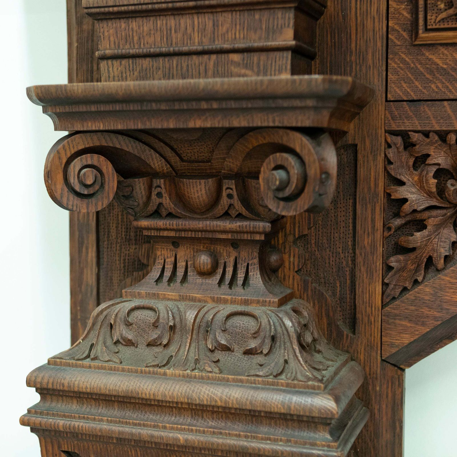 Monumental Antique Arts & Crafts Carved Oak Fireplace Surround photo for sale