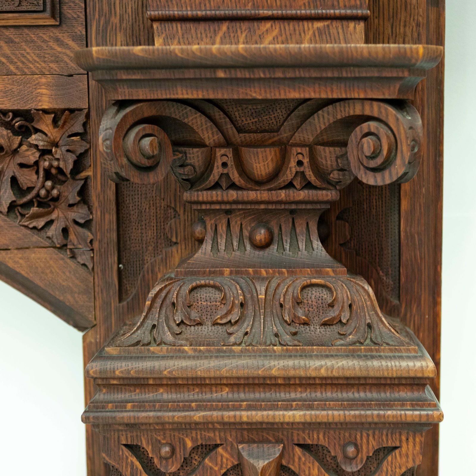 photo buy Monumental Antique Arts & Crafts Carved Oak Fireplace Surround