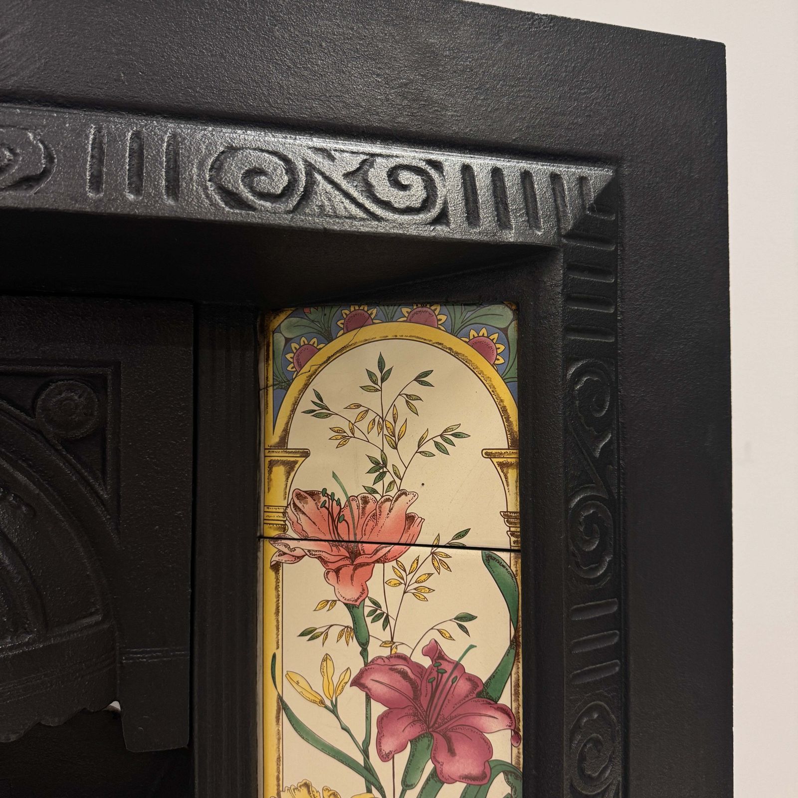Victorian Cast Iron Tiled Fireplace Insert With Floral Panels photo furniture