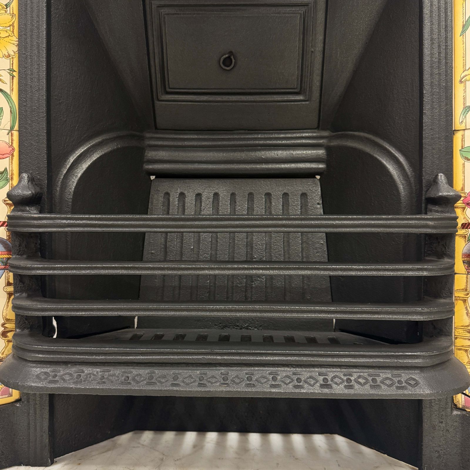 Home Fixtures Victorian Cast Iron Tiled Fireplace Insert With Floral Panels photo