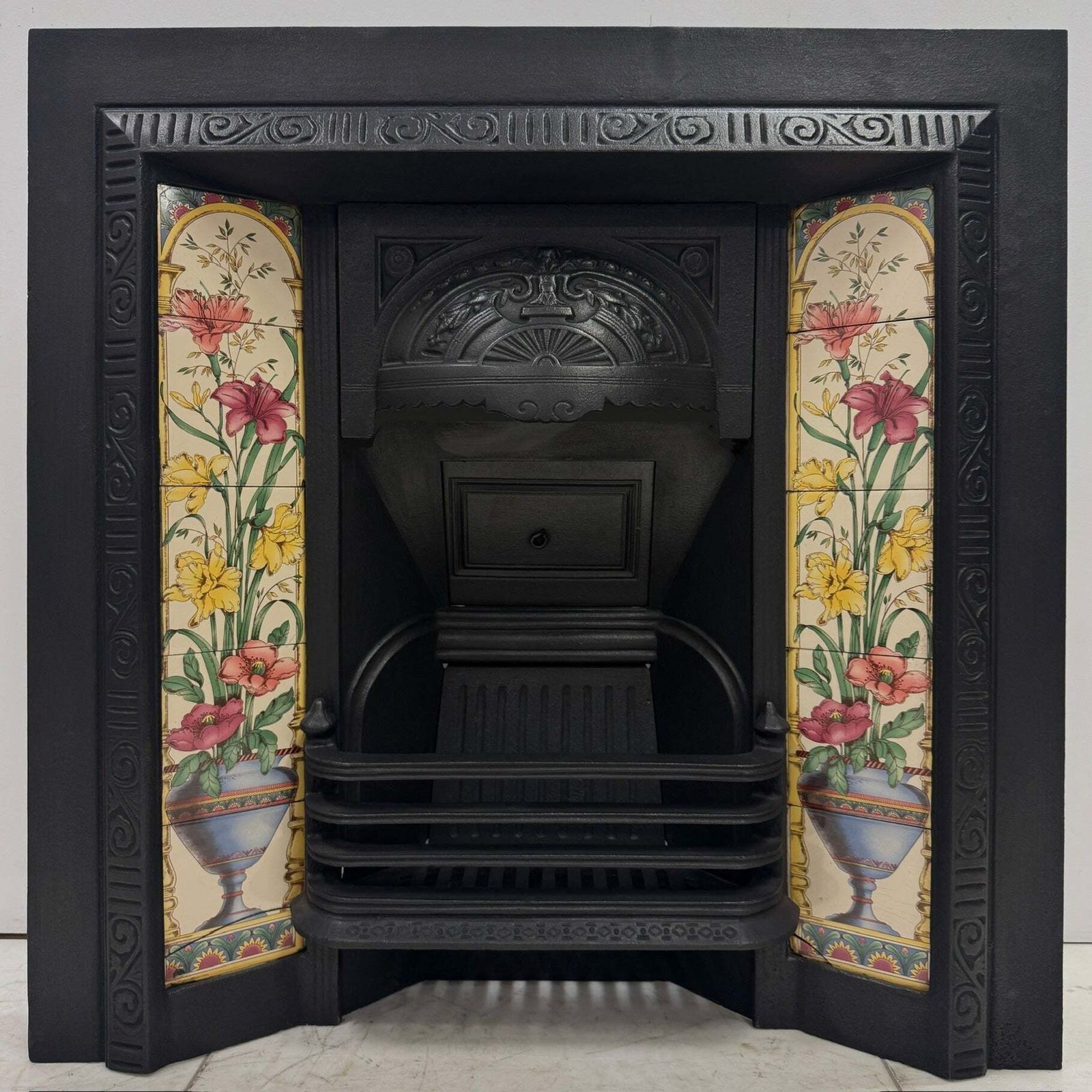 1200.0 Victorian Cast Iron Tiled Fireplace Insert With Floral Panels photo