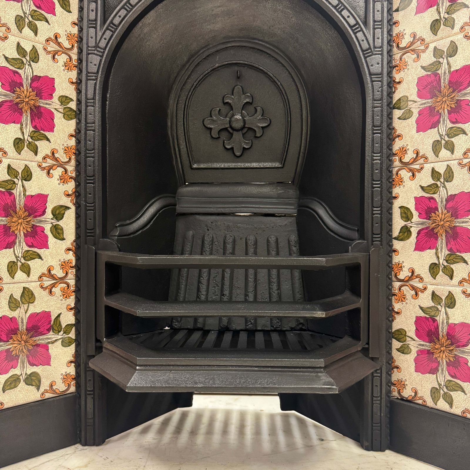 Victorian Cast Iron Tiled Fireplace Insert With Floral Panels photo furniture