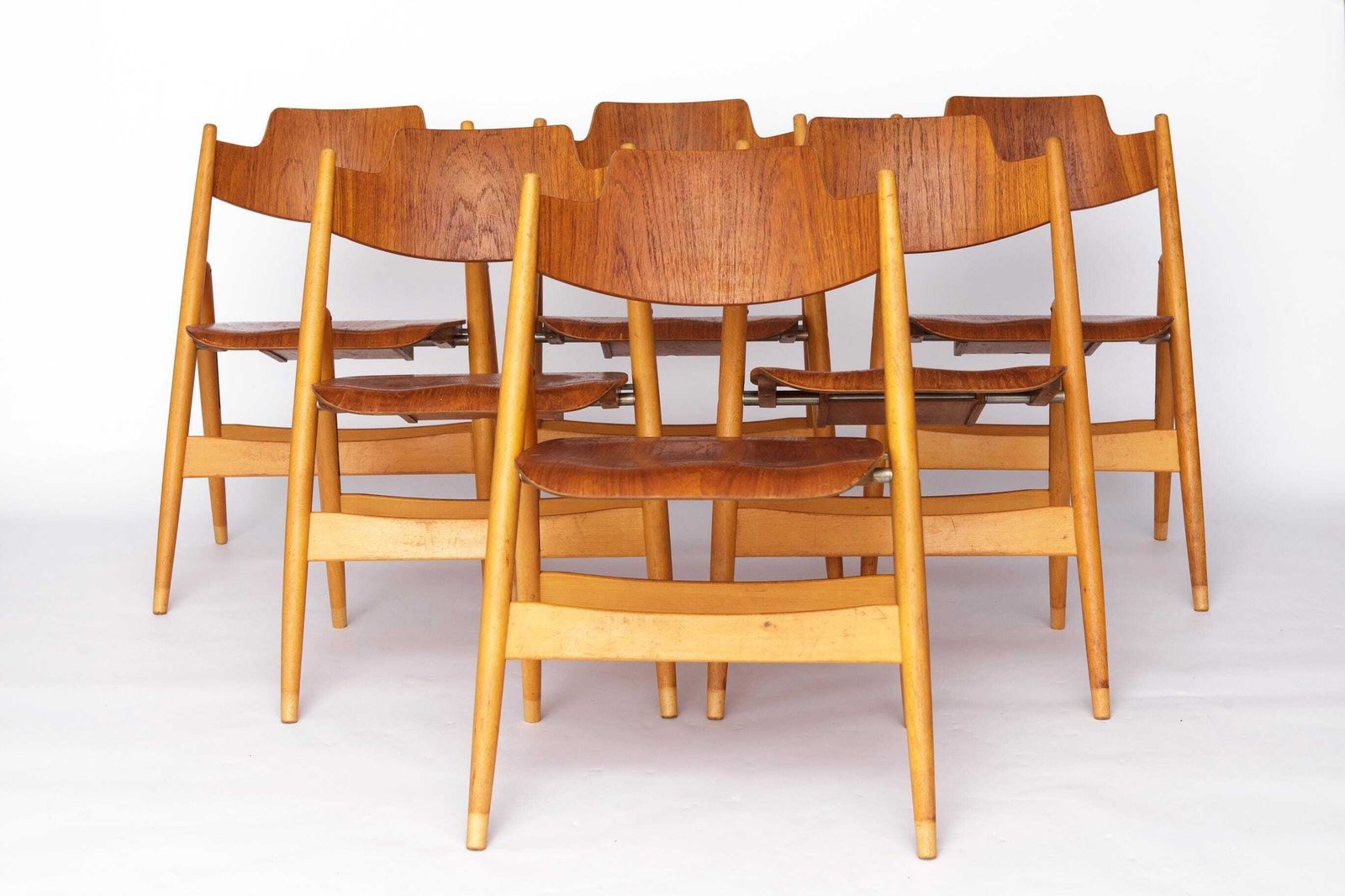 Set Of 6 Egon Eiermann Se18 Folding Chairs – Wilde + Spieth, 1950s, Teak & Beech Wood Vintage Chairs