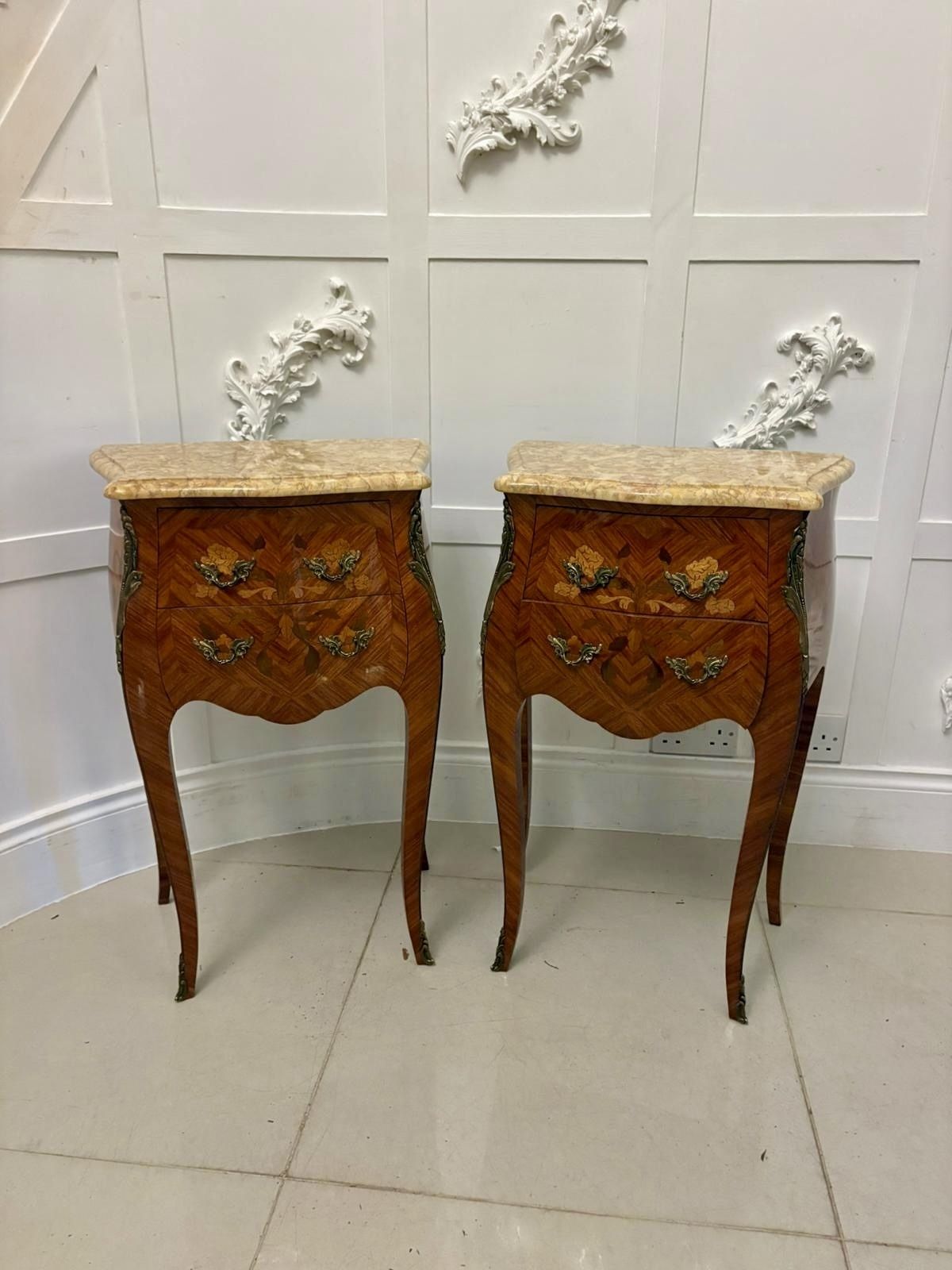 Antique Quality Pair Of French Louis XV Style Marquetry Bedside Cabinets