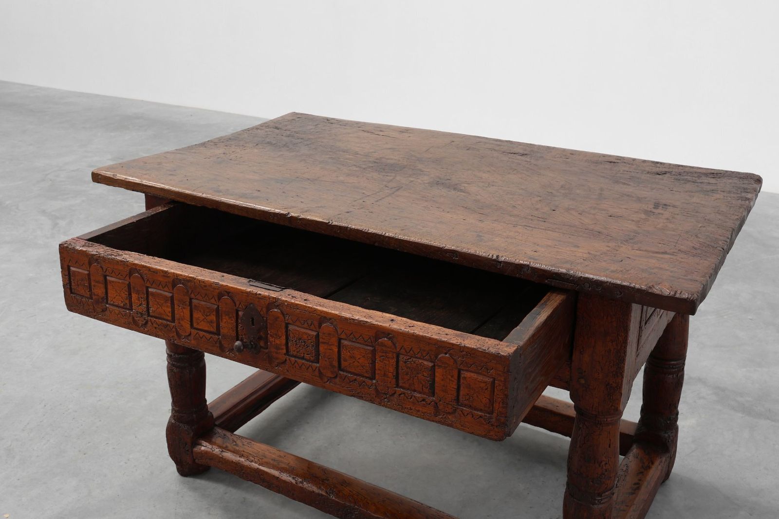 Wabi Wabi Style Hand Carved Oak Side Table, Spain, 17th Century photo vintage