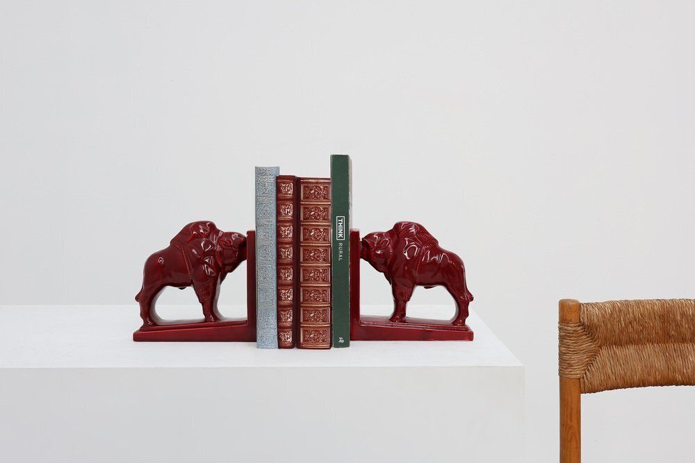 Art Deco Red Glazed Ceramic Bison Ox Bookends, Belgium, 1920s, Set Of 2 photo furniture