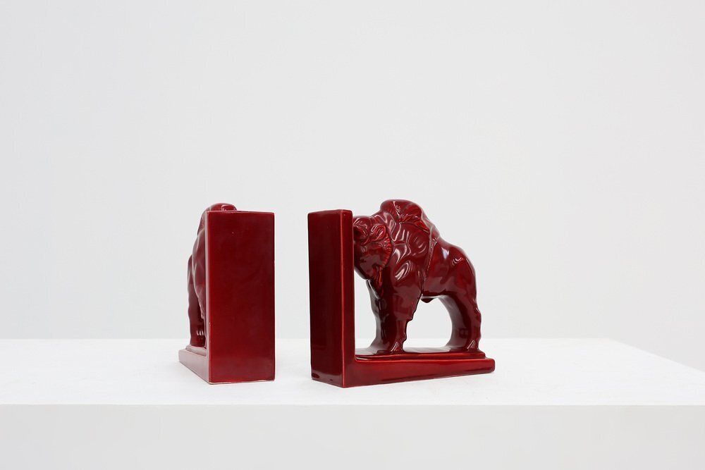 Art Deco Red Glazed Ceramic Bison Ox Bookends, Belgium, 1920s, Set Of 2 photo buy