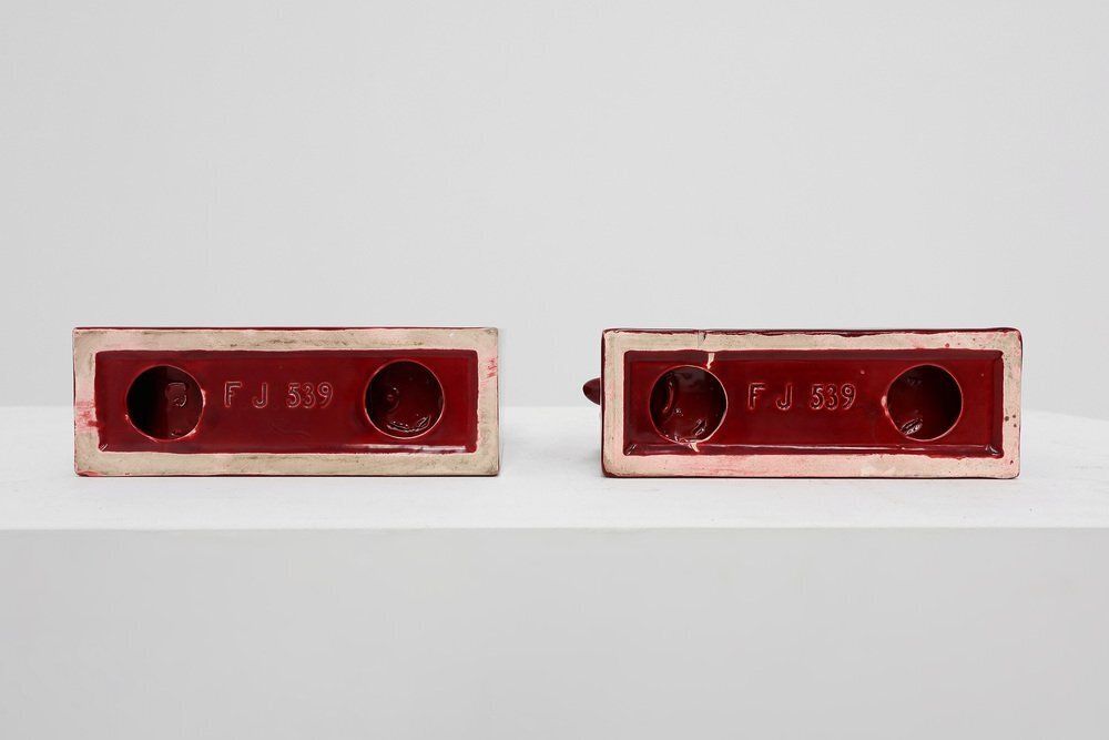 photo vinterior Art Deco Red Glazed Ceramic Bison Ox Bookends, Belgium, 1920s, Set Of 2