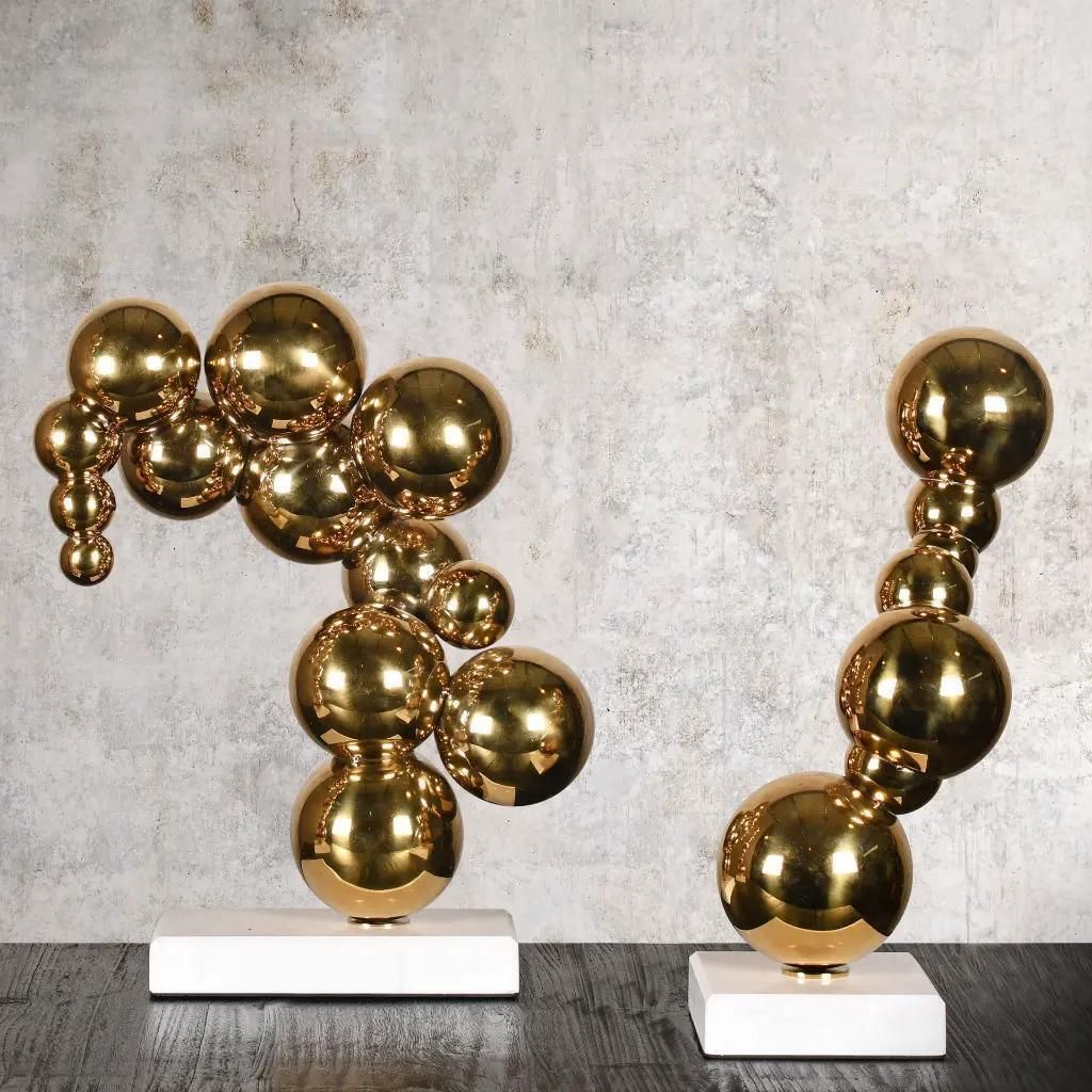 Set Of 3 Contemporary Golden Bronze Bubble Sculptures On White Marble Bases photo Art
