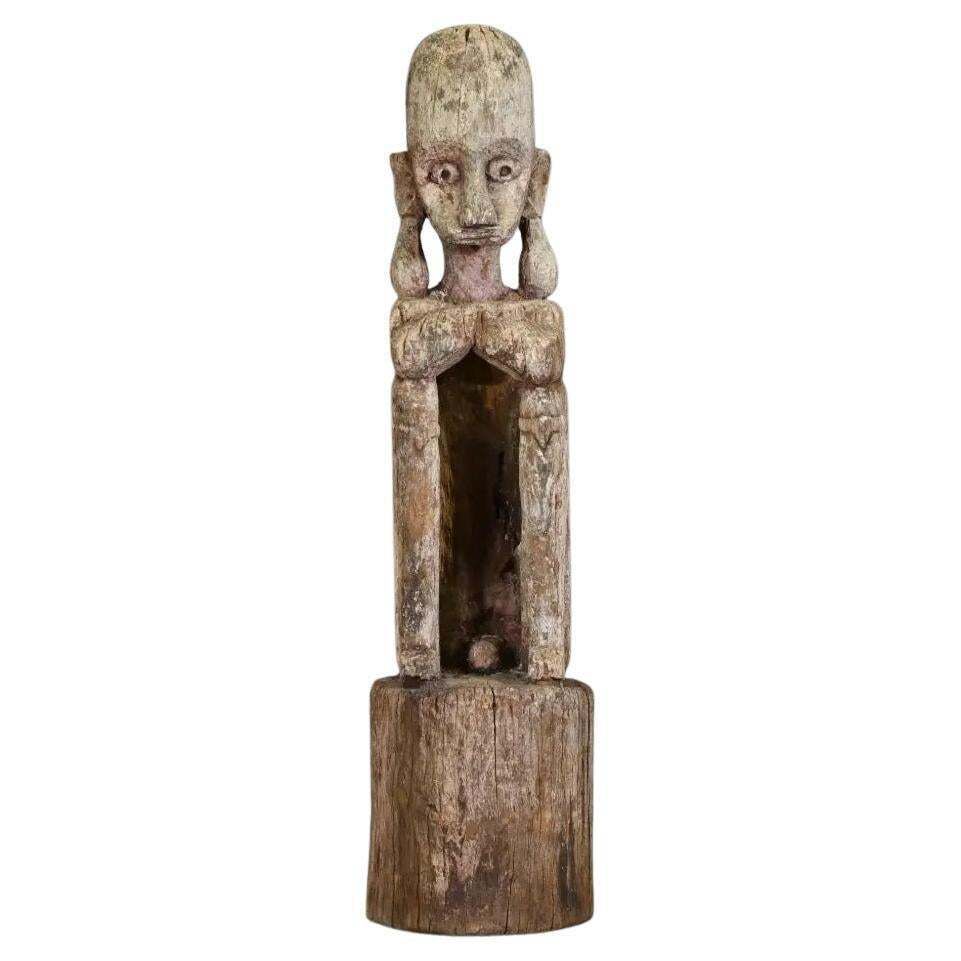 Leti Tribal Statue In Aged Wood With Stand – 20th Century Ethnic Indonesian Art