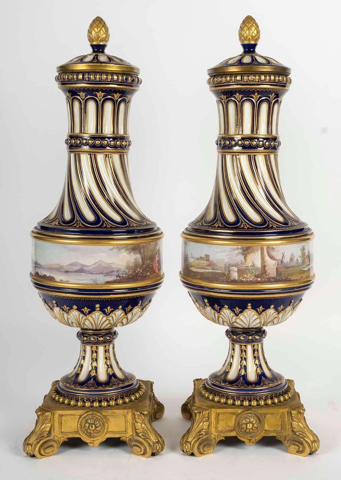 Pair Of Sèvres Porcelain Gilt Bronze Covered Vases, Napoleon III Period. photo vintage