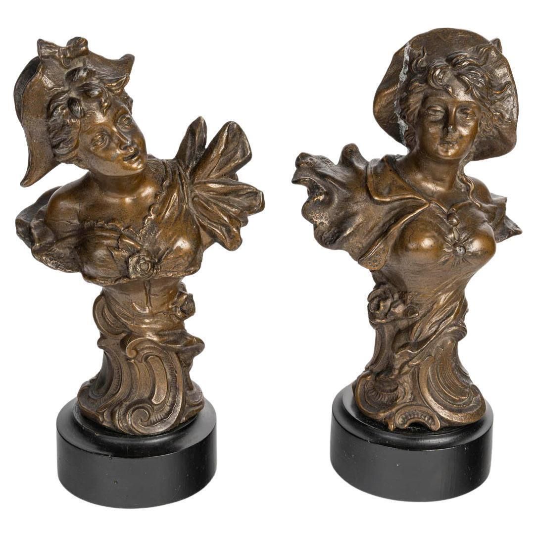 Pair Of Sculptures In Regule, Wooden Base, Art Nouveau, 1900.