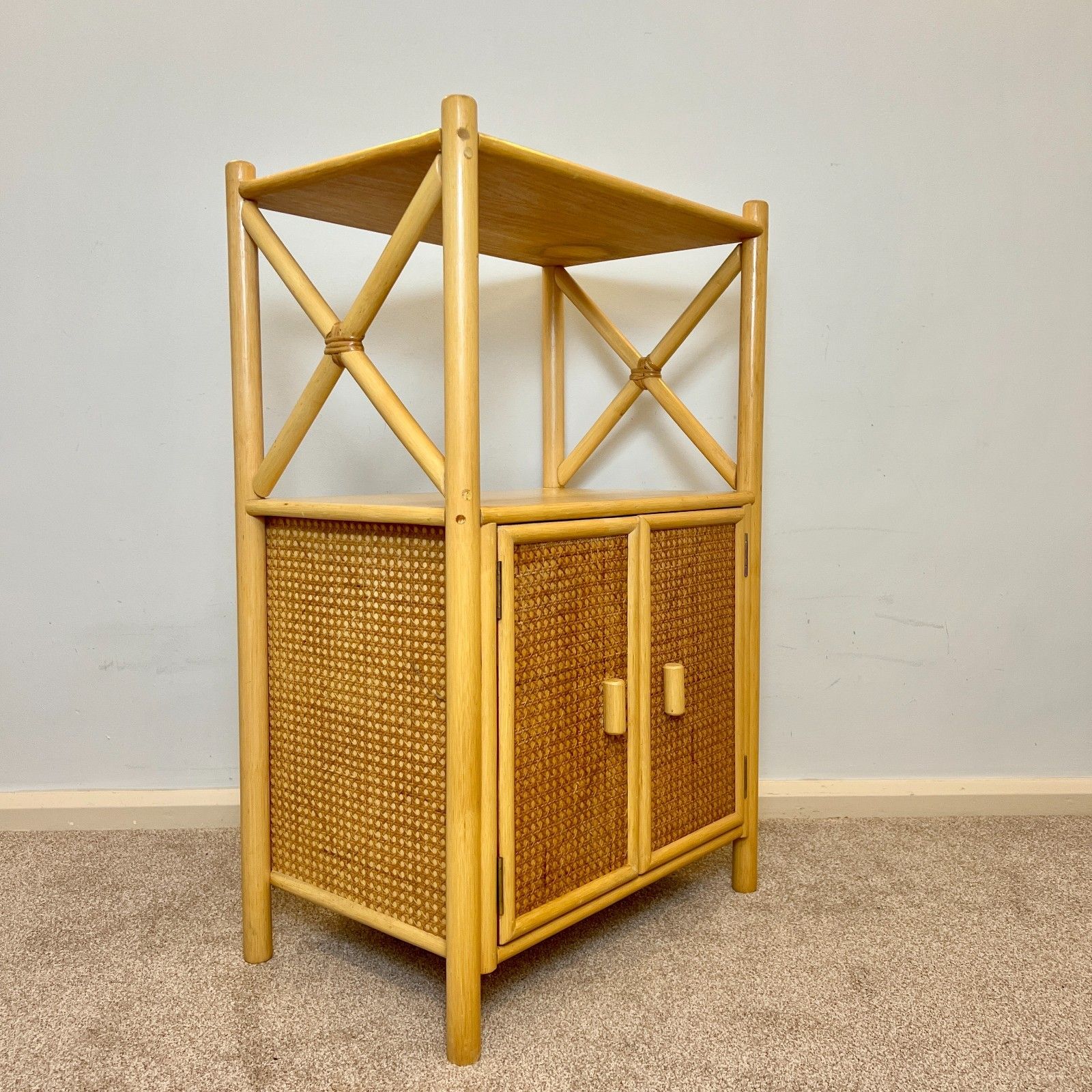 Vintage Bamboo Cupboard Rattan Shelving Unit, Angraves Of Leicester