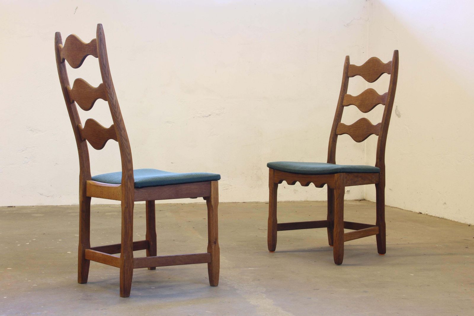 photo for sale Vintage 1960s Danish Brutalist Ladderback Oak Chairs In The Style Of Kjærnulf
