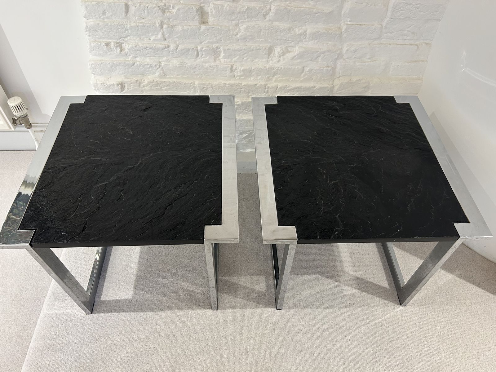 Matching Pair Of Mid Century, Square Side Tables In Ardesia Black Slate & Chrome photo furniture