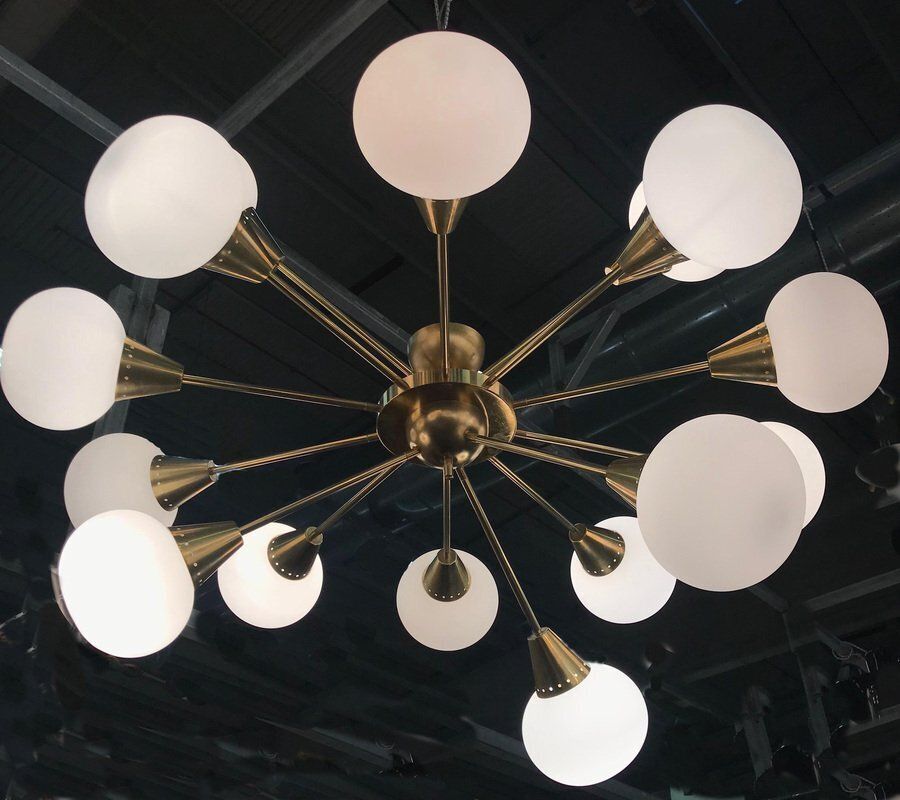 Large Mid Century Italian Brass And Opaline Murano Glass Sputnik Chandelier photo furniture