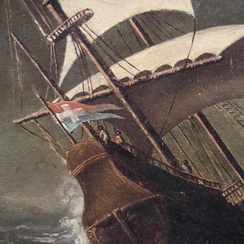 Sailing Ships In A Gale, 1700s, Oil On Cardboard, Framed photo Art