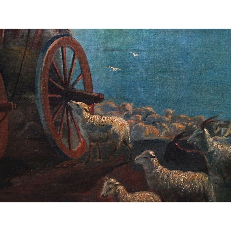 photo furniture Italian Artist, Sunset With Animals And Characters, 1800s, Oil On Canvas, Framed