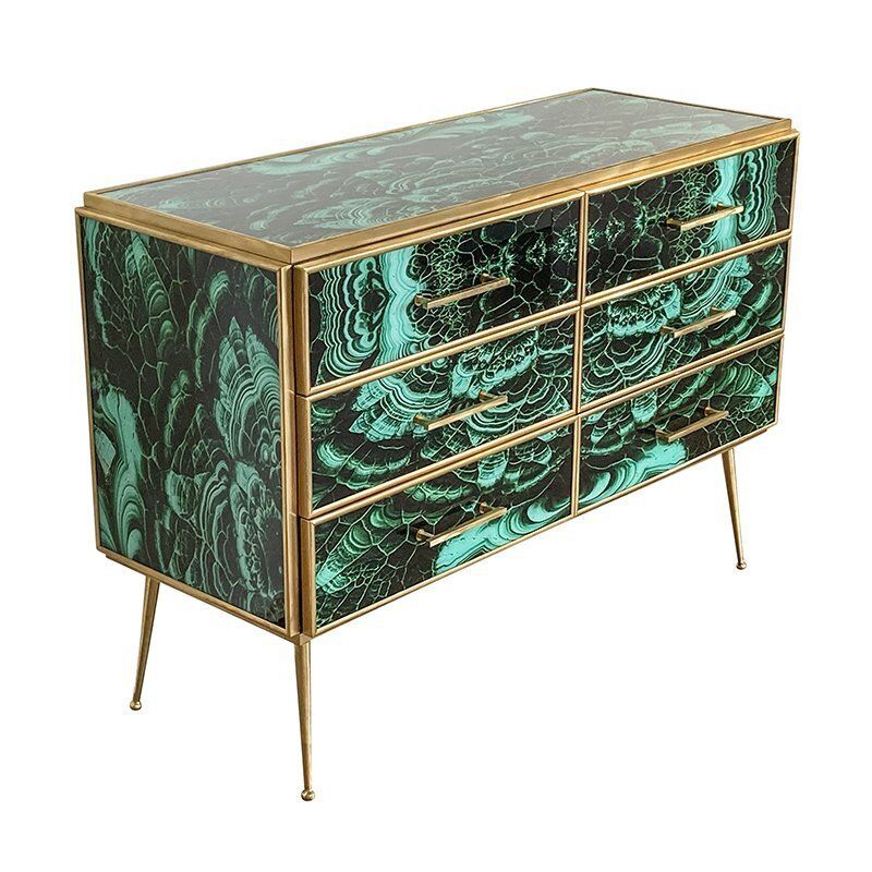 Wooden Dresser In Malachite Glass With Six Drawers, 1980s photo for sale