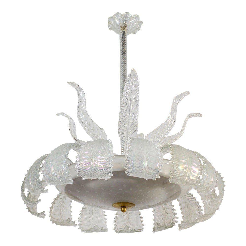 Art Deco Ninfea Iridescent Murano Glass Chandelier Attributed To Barovier, Italy, 1940s