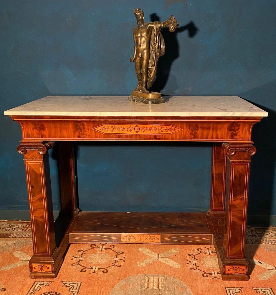 Furniture 19th Century French Charles X Carrara Marble Top Console Tables, Set Of 2 photo