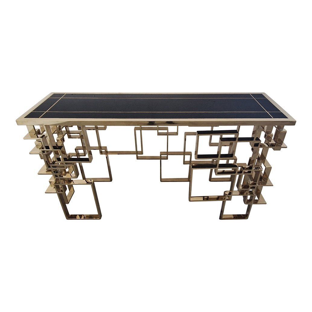 Double Sided Console In Chrome And Gilt Steel With Black Murano Glass Top, 1990s