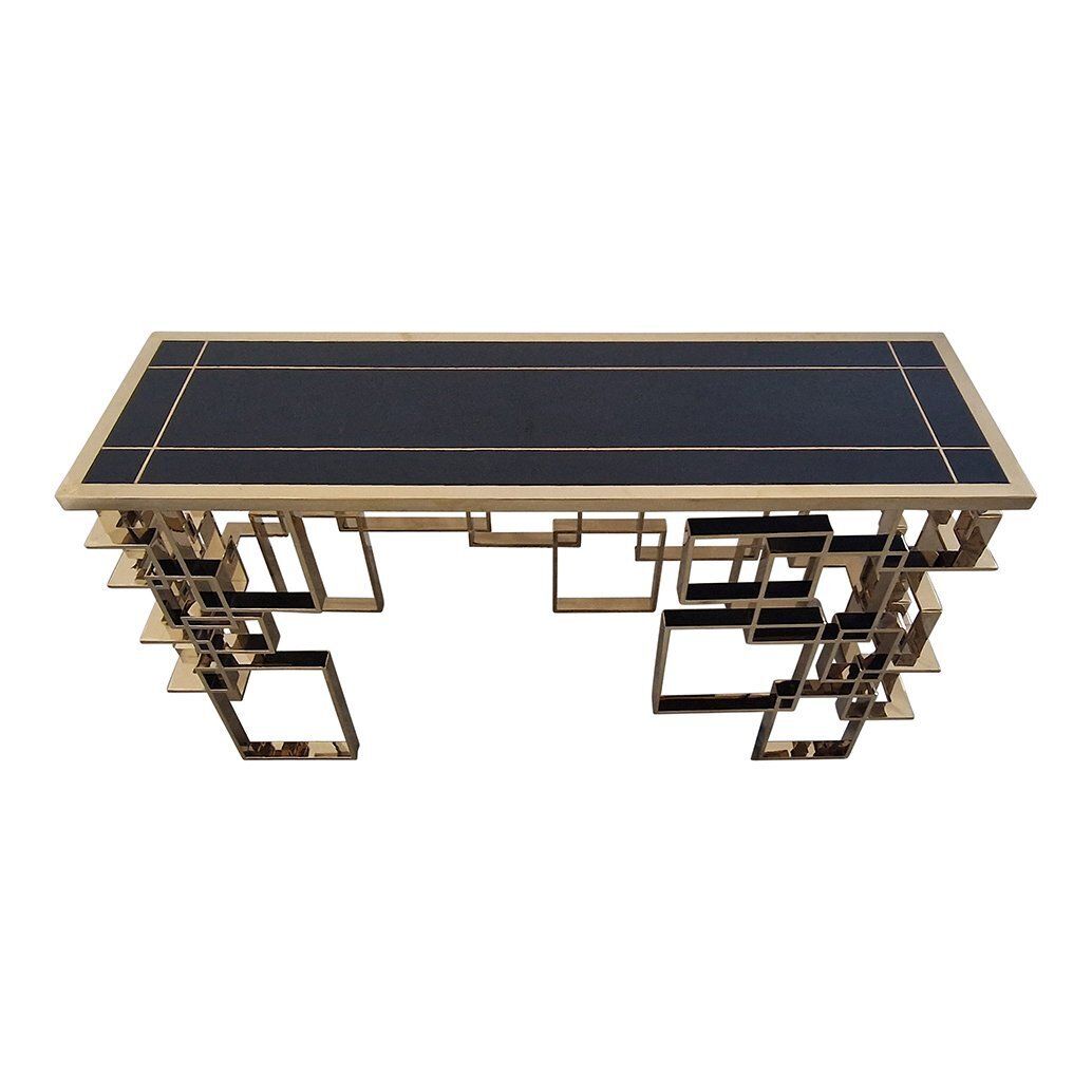 Double Sided Console In Chrome And Gilt Steel With Black Murano Glass Top, 1990s photo for sale