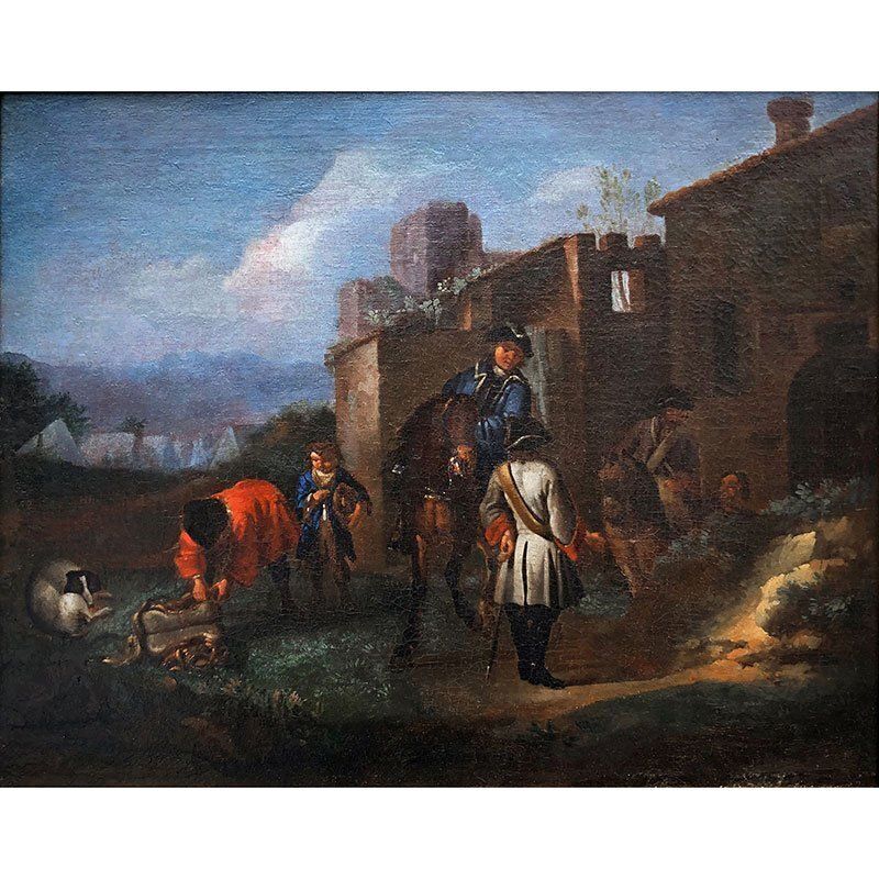 Philips Wouwerman, Knights In Front Of A Coaching Inn And Knights And Bathers At A Stream, 1600s, Oil On Canvases, Set Of 2 photo 5919.0