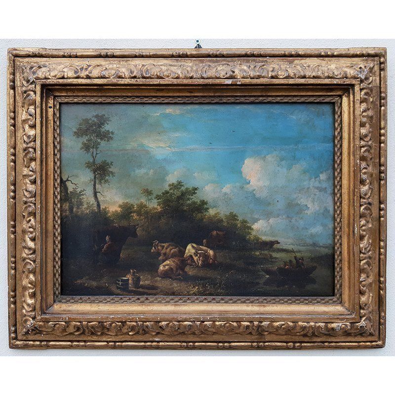 Dutch School Artist, Landscape With Characters And Herds, 1700s, Oil On Board