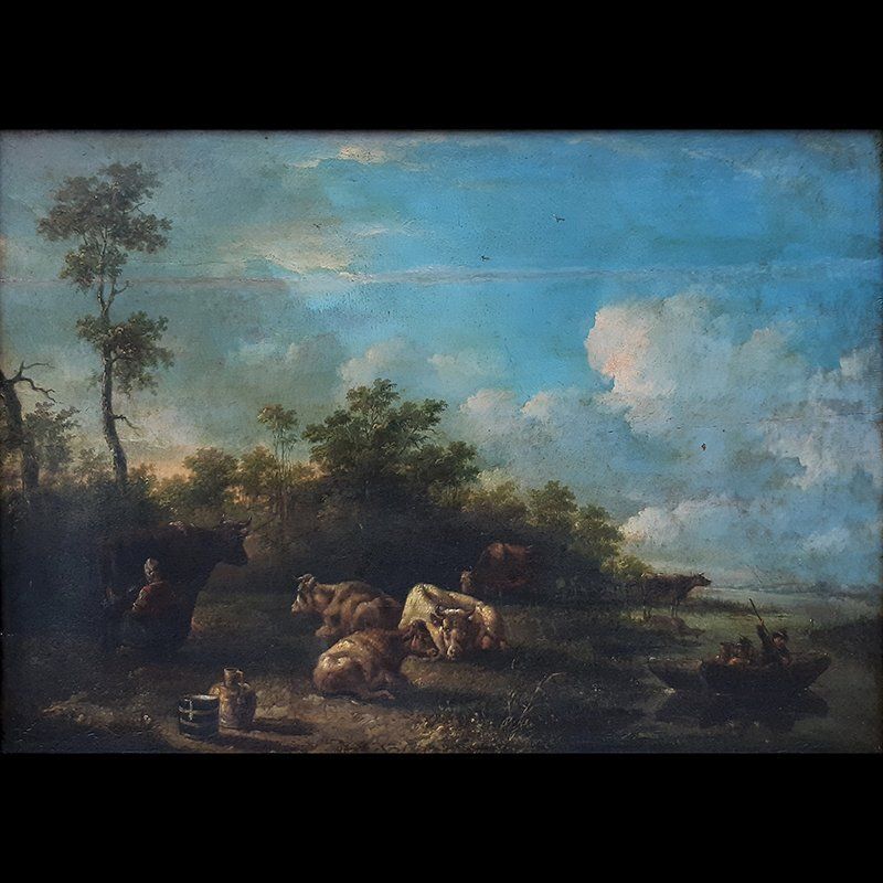 Dutch School Artist, Landscape With Characters And Herds, 1700s, Oil On Board photo for sale